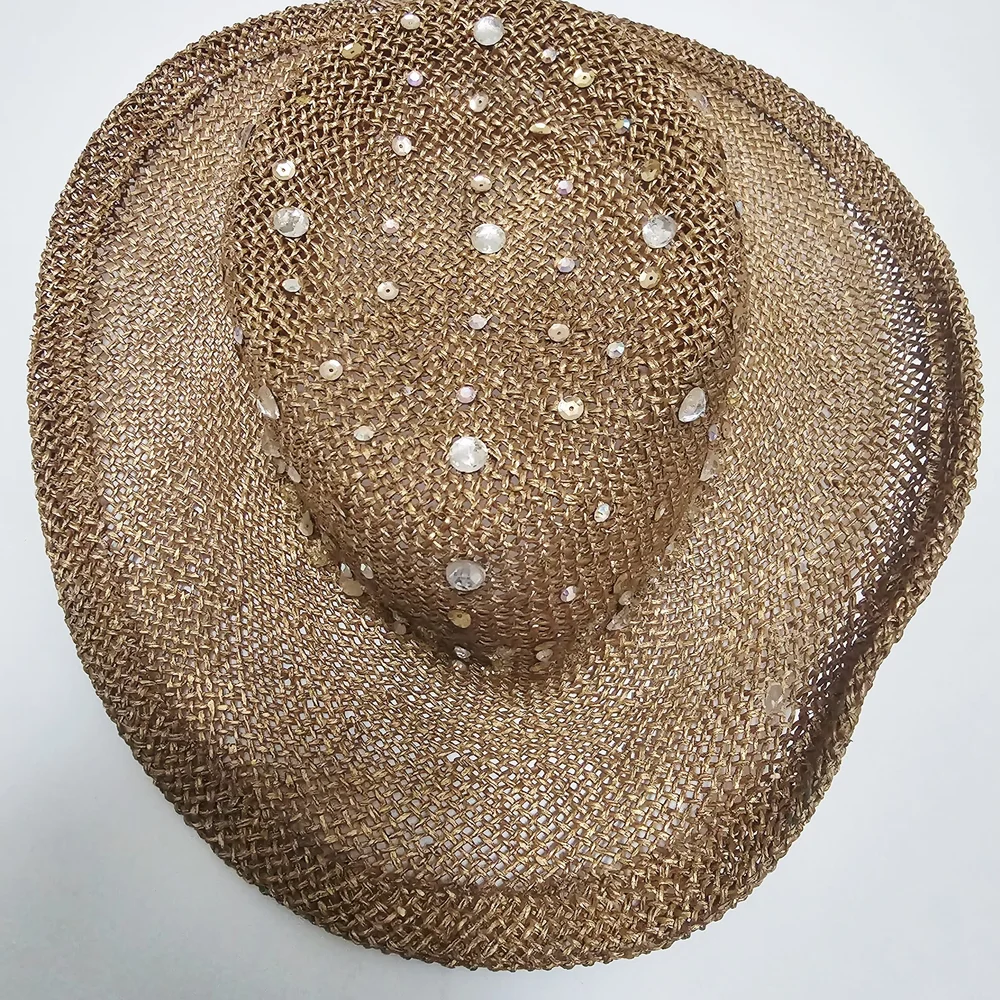 Eric Javits Straw Western Sun Hat with Shell and Sequin Trim - Natural